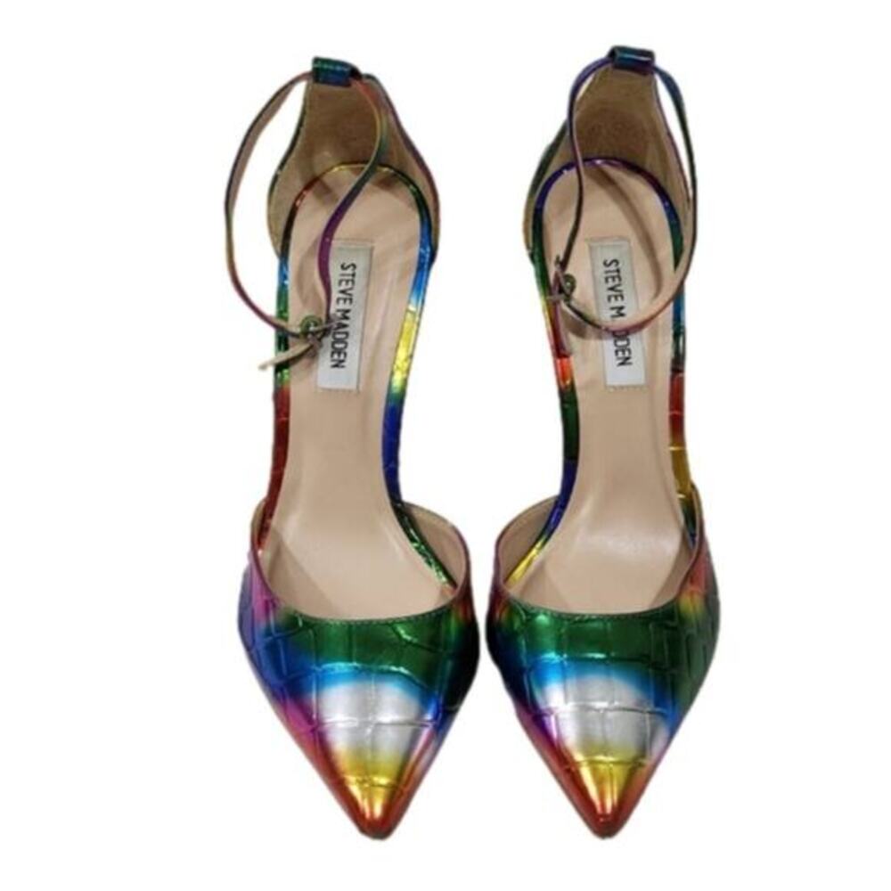 Steve Madden Rainbow Iridescent Pointed Ankle‎ Strap Heels Pumps Women's Size 8